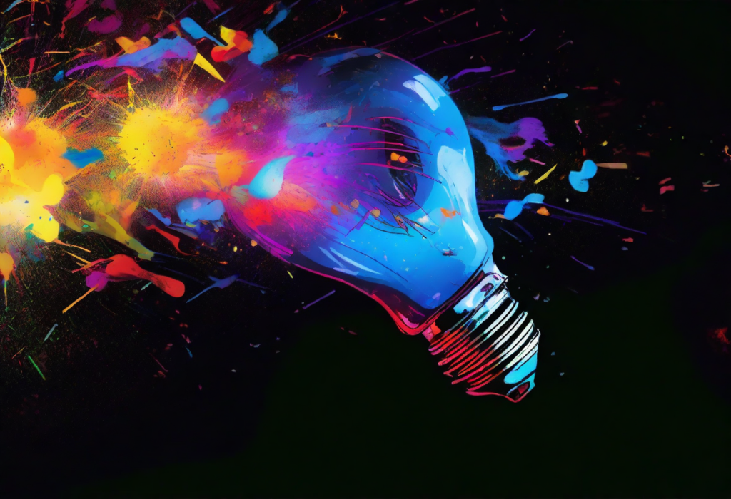 Comic book style image of an exploding lightbulb in vivid colours on a black ground - representing Insight, breakthrough thinking and innovation.